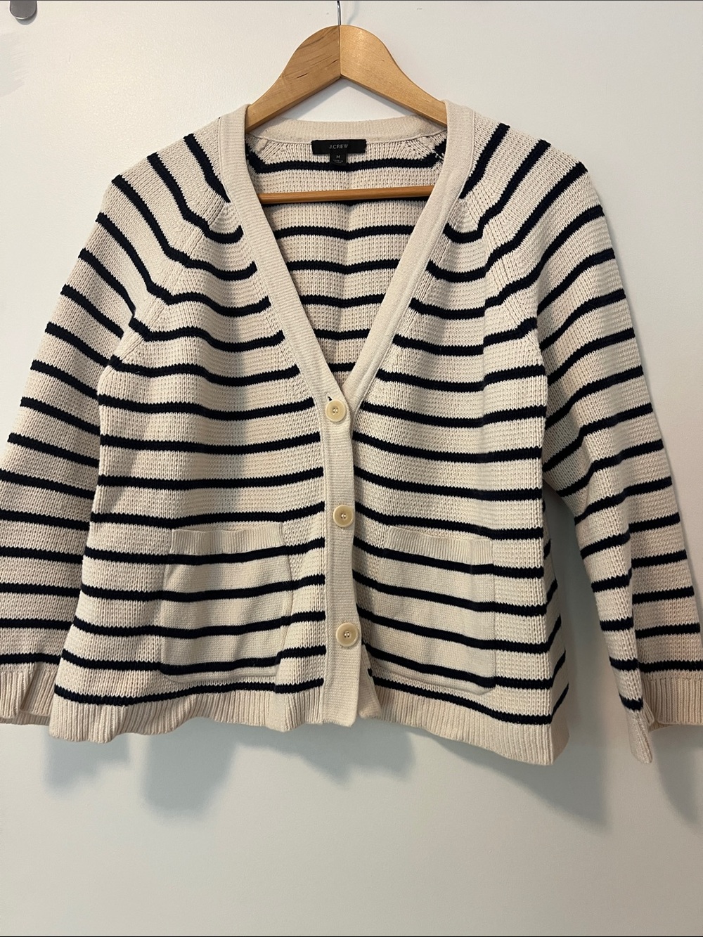 J. Crew Cream and Navy Striped Cotton V-Neck Knit Cardigan
